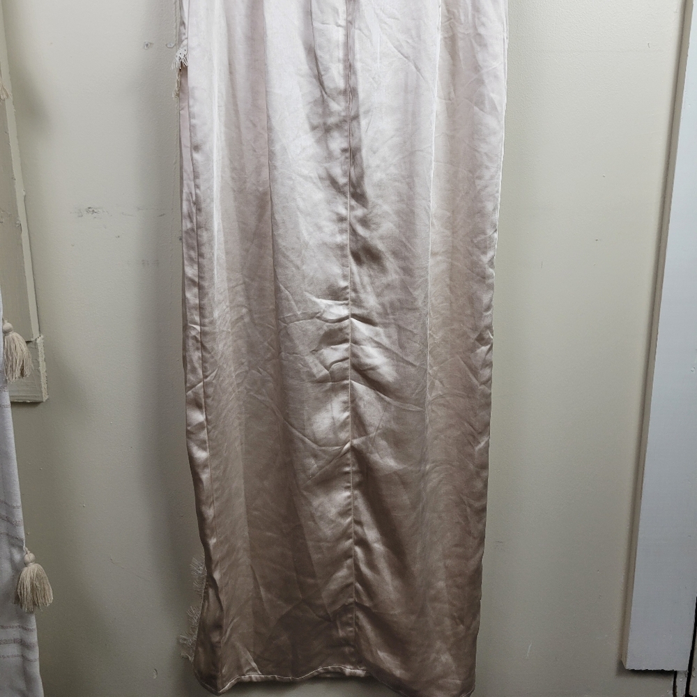 Saints & Secrets Winter Moon Champagne Satin Strapless Lace Trim Slit Midi Dress - Picture 8 of 14